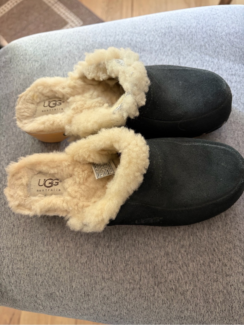 UGG Black Suede Shearling Lined Slippers with Cream Fur